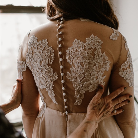 Custom Sarah Seven Lace and Silk Wedding Dress - Picture 3 of 16